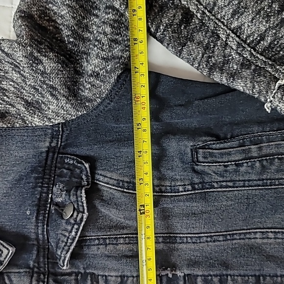 Free People Distressed Denim Jacket with Knit Sleeves and Detachable Hoodie - Picture 4 of 9